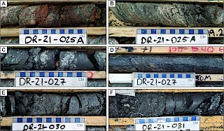 Photo 2: Basement alteration and graphitic structures intersected in Phase II drill holes DR-21-025A, DR-21-027, DR-21-030, and DR-21-031