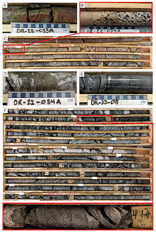 Photo 3. Core photos of structural zones from the Phase III summer drill program. A) Graphitic breccia hosting a hematite and limonite redox front in DR-22-033A. B&C) DR-22-034A unconformity contact with argillized basement hosting elevated boron. D) Quartz-flooded fault zone with anomalous Mo, Cu, and Co in DR-22-034A. E) Graphitic mylonite zone in DR-22-035 with anomalous Mo and S. F) Lenses of graphitic faulting in DR-22-036 with massive quartz veining hosting elevated boron and uranium.