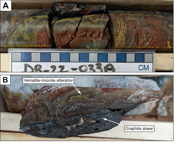 Figure 2. A) The first Thunderbird drill hole on the Davidson River project, DR-22-033A, showing strong structurally controlled hematite-limonite alteration (redox fronts); 163.5m. B) Strong “worm-rock” textured hematite-limonite alteration overprinting graphitic shear planes; DR-22-033A; 163.6m.