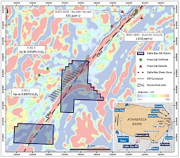 Figure 1. (Click to Enlarge) Map highlighting the Cable Bay shear zone and EM conductor trends on the Cable Bay SW project along strike from anomalous uranium samples, with first vertical derivative magnetics in the background.