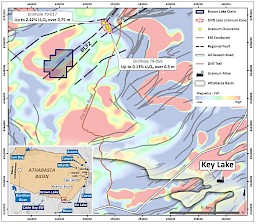 Figure 3. (Click to Enlarge) Map highlighting the magnetic low/fault trend on the Brown Lake project along strike from the high-grade Shift Lake Uranium Zone, with background first vertical derivative magnetics.