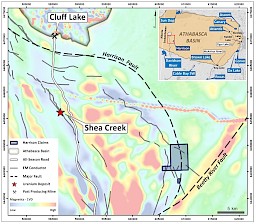 Figure 4. (Click to Enlarge) Map highlighting the magnetic low/EM conductor trends on the Harrison project with first vertical derivative magnetics in the background.