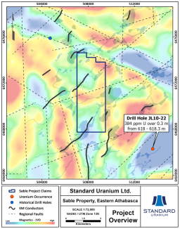 Figure 6. Map highlighting magnetic low/EM conductor trends on the Sable project with first vertical derivative magnetics in the background.